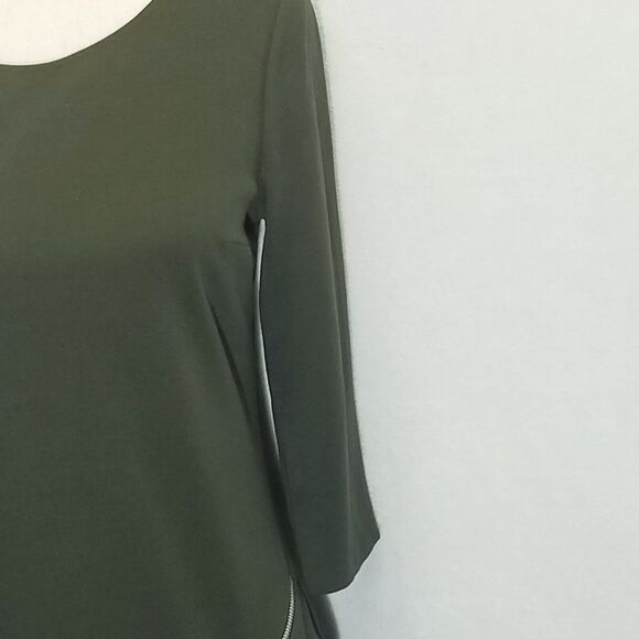 Express Medium Sheath Dress Double Zip Olive Green Ponte Knit 3/4 Sleeve Edgy - Picture 3 of 9